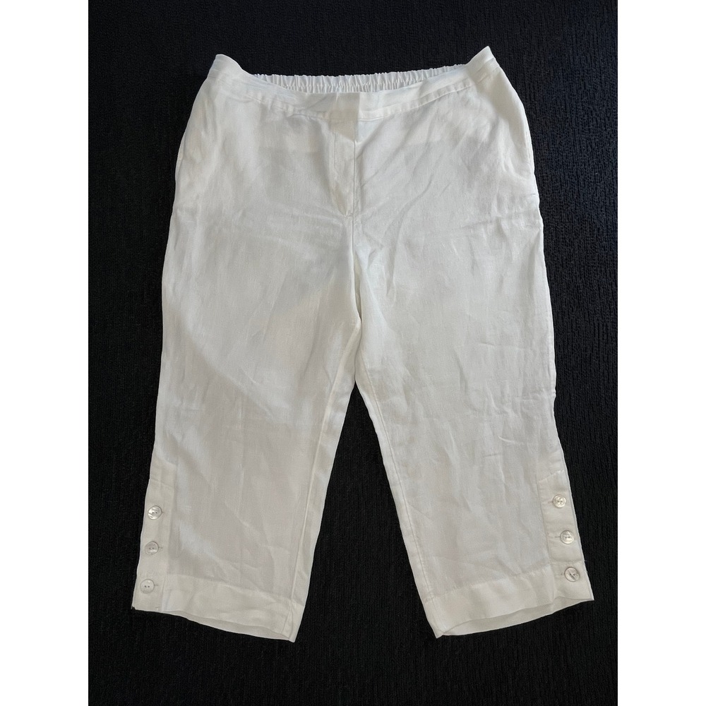 Chico's White 100% Linen Cropped Pants Button Hem Size 3.5 US 18 Elastic Waist